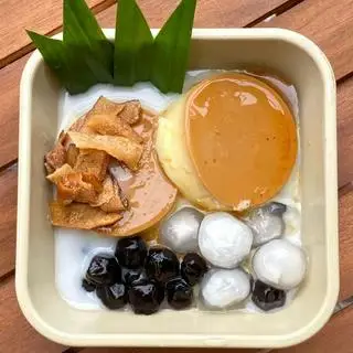 Hình ảnh 2 flan trân châu đường đen - trân châu dừa - cốt dừa - dừa sấy