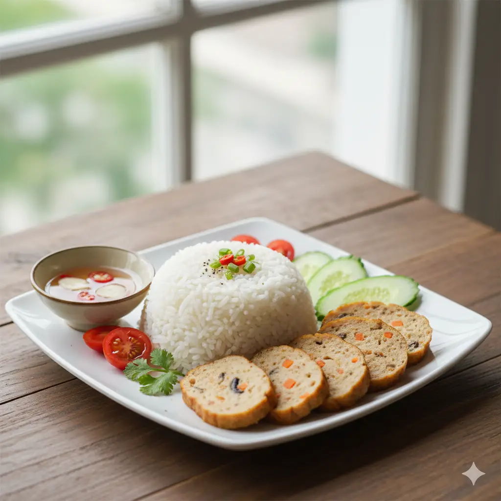 Hình ảnh Cơm Chả Trứng Hấp Chay