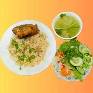 Hình ảnh Cơm má gà mắm tỏi sốt + soup, rau, kim chi