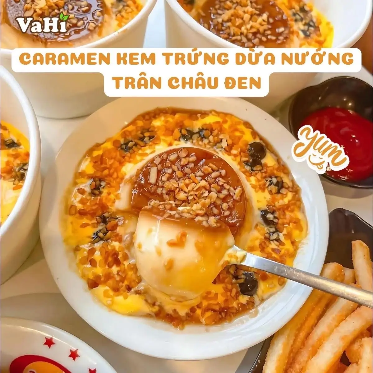 Hình ảnh Caramel kem trứng dừa nướng dẻo trân châu đen