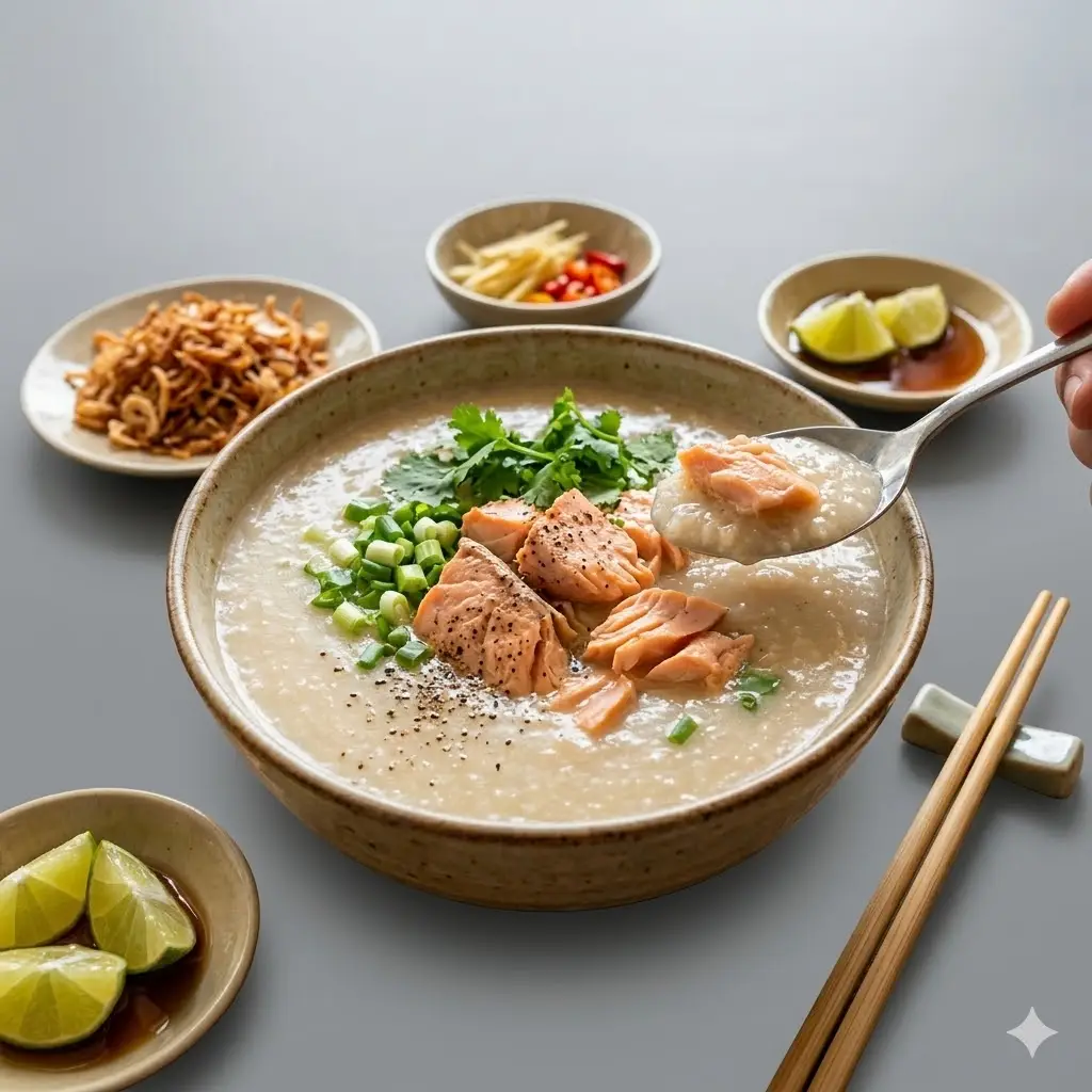 Hình ảnh Cháo cá hồi sốt gấc