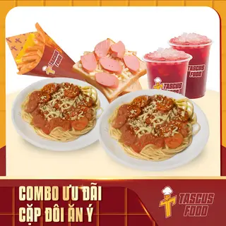 Hình ảnh 2 mỳ Ý phủ phomai - 1 khoai lắc phomai - 1 sandwich xúc xích - 2 trà hibiscus