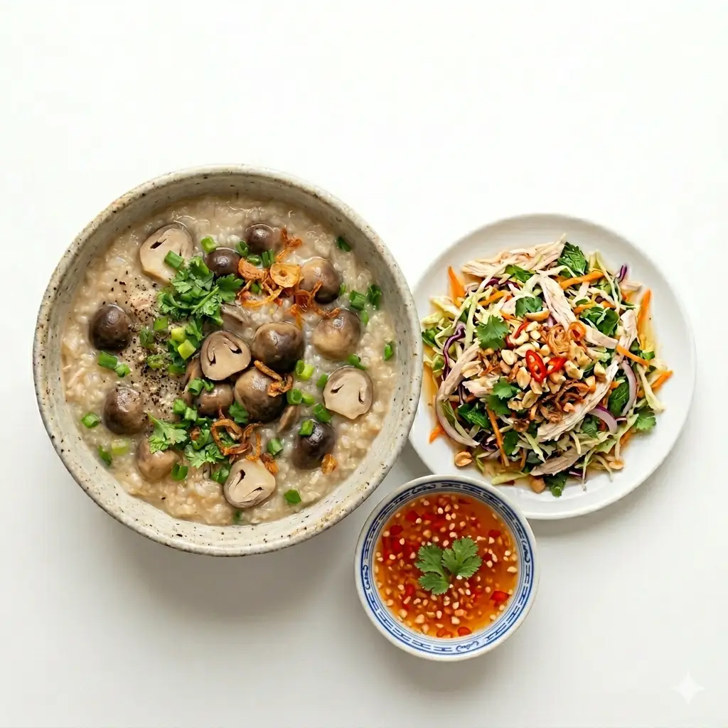 Hình ảnh 1 con gà xé trộn gỏi - cháo - lòng