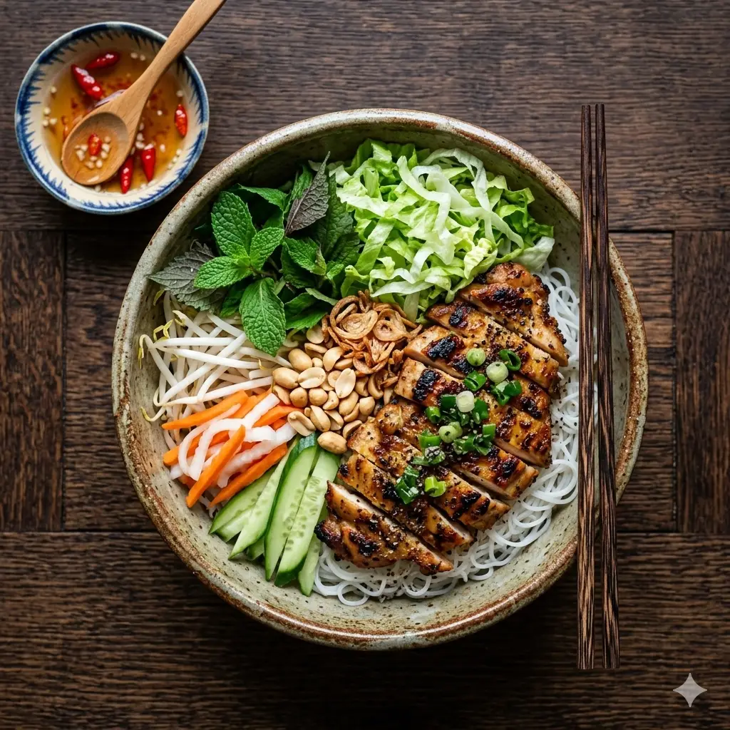 Hình ảnh Bún Thịt Nướng Than Hoa | Phần Đầy Đủ + Trà Chanh