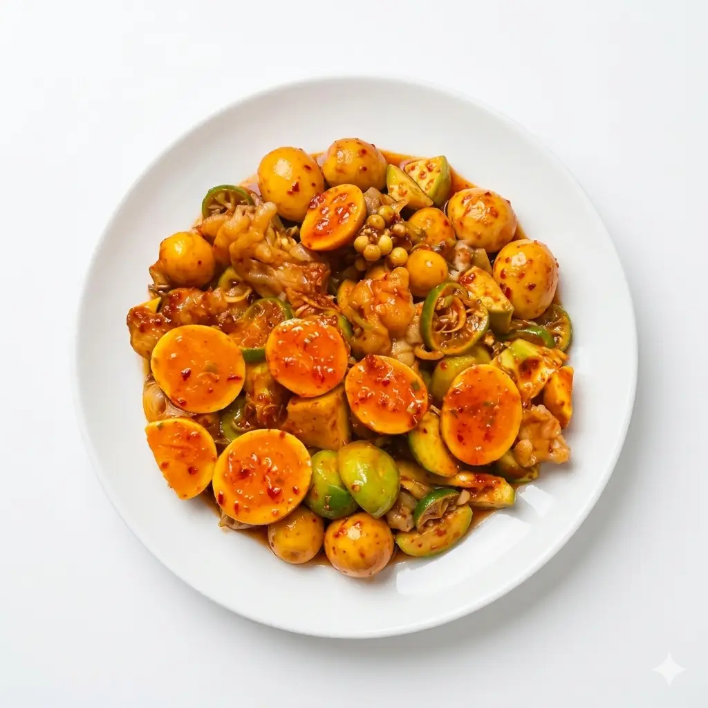 Hình ảnh trứng non mix da gà chiên sốt thái