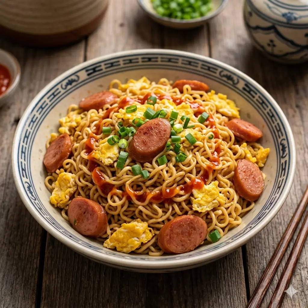 Hình ảnh Mì trộn Indo xúc xích - trứng