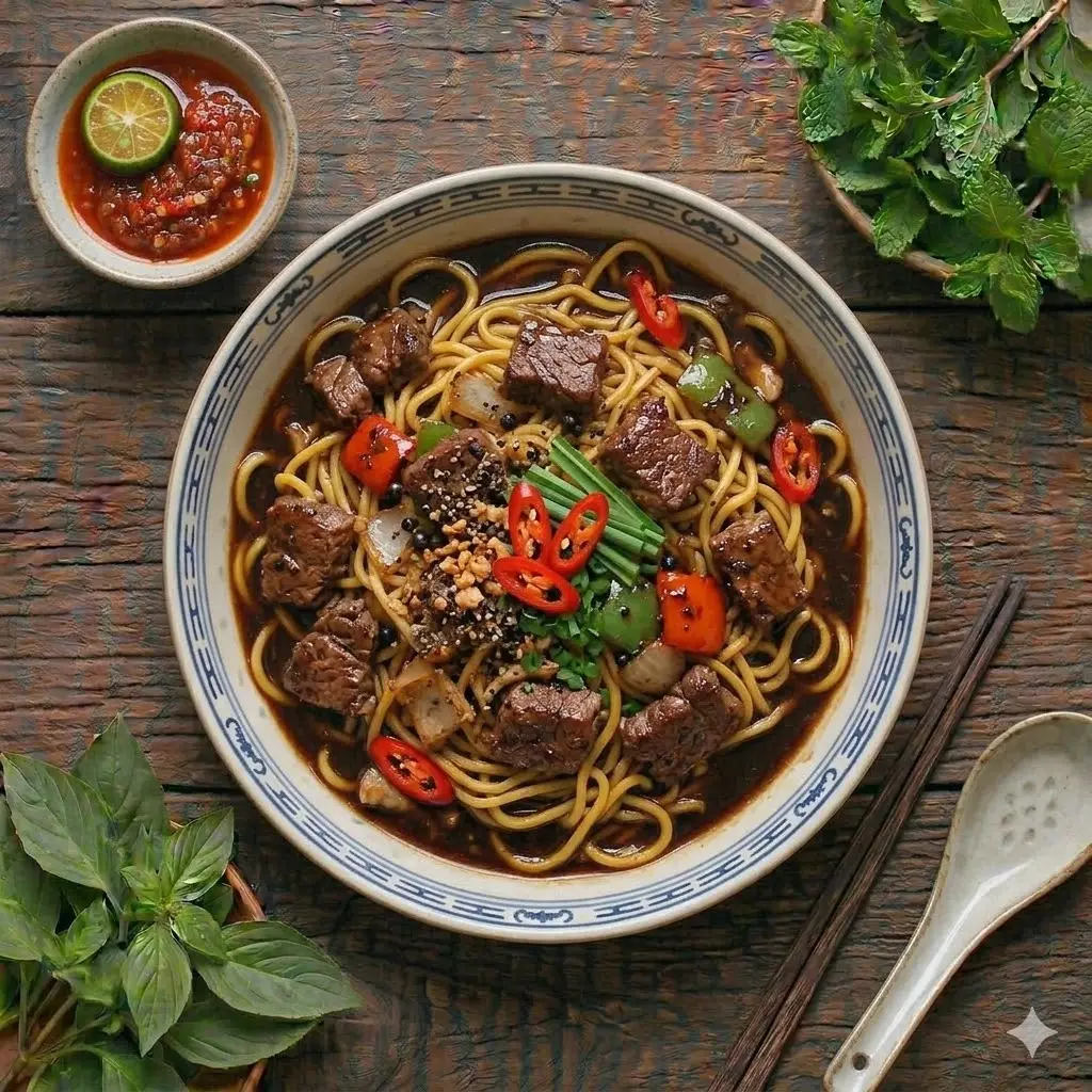 Hình ảnh Mì trộn bò sốt tiêu xanh - kèm 1 ốp la