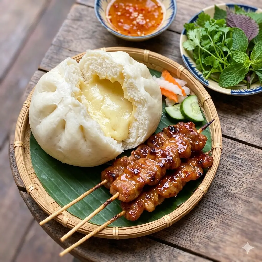 Hình ảnh 2 bánh bao phô mai - 5 xiên thịt nướng