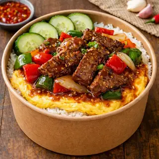Hình ảnh Cơm bò bittet ngập trứng