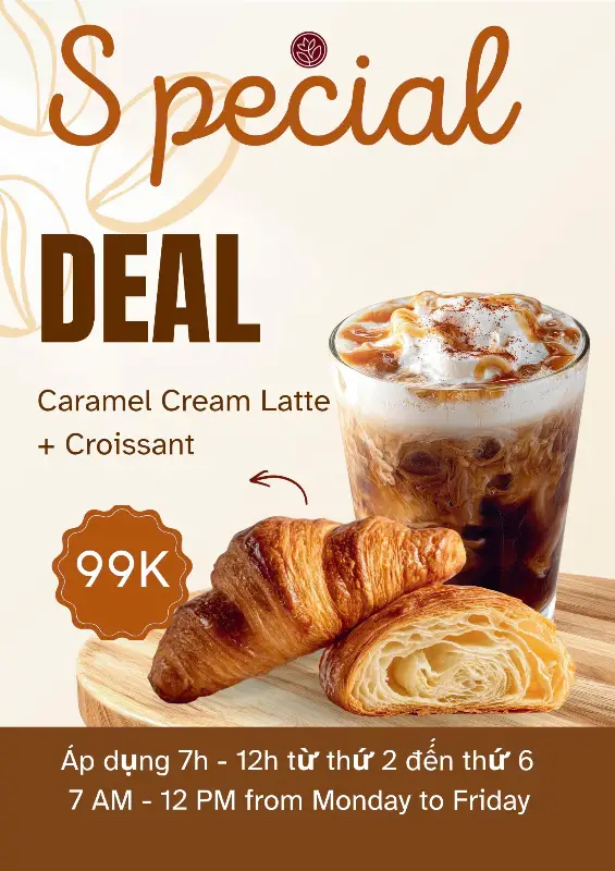 Hình ảnh Combo Energy: Caramel Cream Latte (S) + Croissant